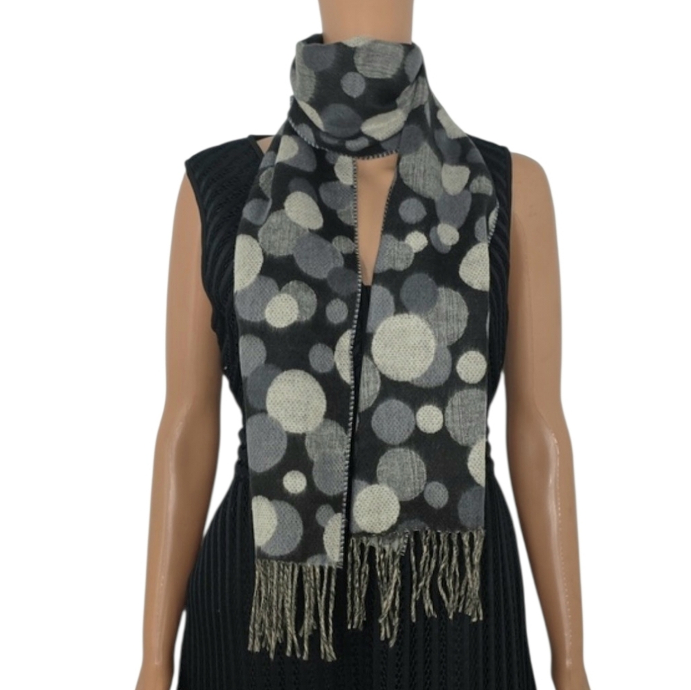 Cashmink Neutral Polka‎ Dot Fringe Scarf  Black and Gray  63.5"×9.5"